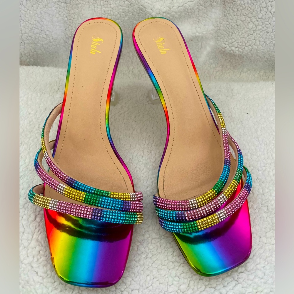 Colorblock Rhinestone Decor Pyramid Heeled Mules Size 10